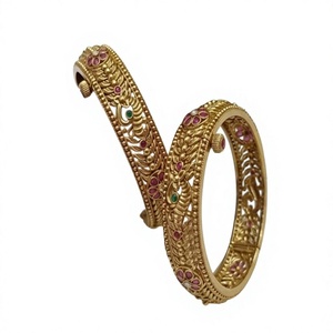 Chic Gold Plated <b>Bangle</b> Bracelets <b>Set</b> With Zircon Stones Flower Pattern Classic Style For Women Wedding Jewelry - Product Image 2