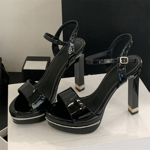 2025 Women's Black High Quality Peep Toe Ankle Strap <b>Sandals</b> Sexy Open High Heels with Height Increasing Feature for Summer - Product Image 1