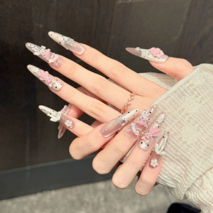 Diseño # 366 <span class=keywords><strong>Uñas</strong></span> Postizas de Lujo con Lazo 3D, Diseño de Oso Adorable, Flor Dulce, Ojo de Gato Rosa, Puntos, Hechas a Mano, Acrílicas, Extra Largas - Product Image 2