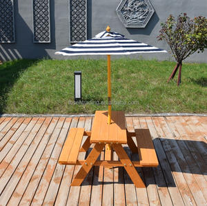 Conjunto de Mesa de Picnic de Madera con Sombrilla y Rayas Costeras – Banco de Comedor para Exteriores Resistente a la Intemperie con Protección Solar para Jardín - Product Image 2