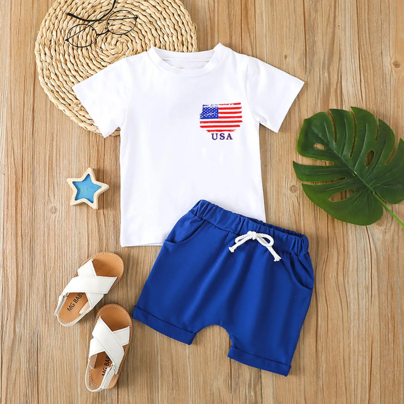 Independence Day Element Shirt Set Newborn Baby Children Summer Outfit Shorts 2Pcs Clothes Set