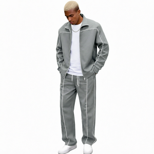 Custom Autumn Streetwear <b>Velour</b> <b>Tracksuit</b> Set Grey Full Zip Jacket Jogger Pants Solid 100% Polyester Acid Wash Breathable - Product Image 1