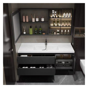 Meuble de salle de bain intelligent noir avec vitrine en verre, lavabo blanc sur comptoir, corps de meuble suspendu - Product Image 4