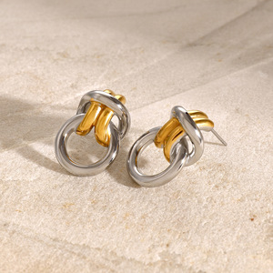 Knot Earrings Stainless Steel Gold <b>Silver</b> Color Block Double Ring Geometric <b>Stud</b> Fashion Jewelry - Product Image 2