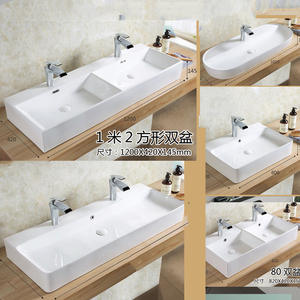 <span class=keywords><strong>Lavabo</strong></span> double en céramique à poser, grande taille, carré, double trou, ultra-fin, style moderne et épuré - Product Image 5