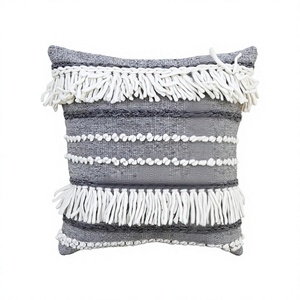Bohemian Striped <b>Throw</b> Pillow Cover <b>White</b> Fringes Square Wool Woven Non-Toxic Removable Washable Decorative Cushion Living Room - Product Image 1