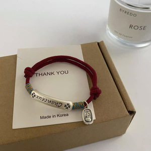 Pure Silver Letter Lucky Square <b>Bracelet</b> Red <b>Rope</b> Women's Everyday Wear Charm <b>Bracelet</b> - Product Image 2