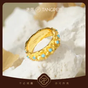 TANGPEI“阳光蓝”民族花卉戒指女式合金镀金绿松石串珠复古波西米亚时尚首饰 - Product Image 2