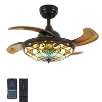 Ventilateur de plafond Tiffany Méditerranéen Mid-Century avec moteur AC, lampe LED invisible 110V, télécommande, corps métallique pour salon