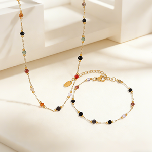 قلادة من الأحجار الطبيعية العتيقة مع خرز من الفولاذ المقاوم للصدأ، طقم قلادة وسوار أنيق للنساء، مثالي كهدية وللارتداء اليومي - Product Image 2