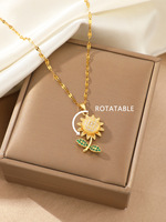Kalung Bunga Matahari Putar dari Baja Anti Karat Warna Emas dengan Kristal CZ, Liontin Bunga, Perhiasan Rantai untuk Wanita Minimalis