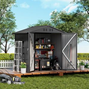 Caseta de Almacenamiento Exterior de Metal, Caseta para Herramientas con Puertas con Cerradura y Techo Inclinado, Caseta de Jardín de Acero - Product Image 1