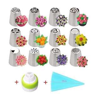 14 Piece Stainless Steel Piping Tips Flower Shapes Reusable Cake Decorating Supplies with Converter and 35cm Piping Bag - Product Image 1