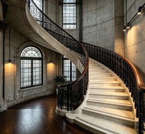 Escalier en colimaçon Prima courbé, personnalisé, avec <span class=keywords><strong>poteau</strong></span> <span class=keywords><strong>de</strong></span> rampe en <span class=keywords><strong>bois</strong></span> massif épais et poli, pour escalier en colimaçon double hauteur pour salon en immeuble <span class=keywords><strong>de</strong></span> grande hauteur - Product Image 1