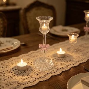 Cute Pink Bow Clear Glass Handmade Candlestick Holder Elegant <strong>Tall</strong> Ribbed Candle Stand Christmas Easter Desk/<strong>Table</strong> Aesthetic - Product Image 1