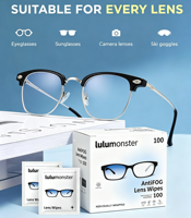 Lingettes nettoyantes écologiques anti-buée pour lentilles, 100 lingettes individuelles pré-humidifiées, format voyage, pour lunettes, sans traces