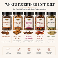 Set de Regalo de Especias para Venta al por Menor, 5 Frascos de Anís Estrellado, Varillas de Canela, Pimienta de Sichuan, Chile Seco y Hojas de Laurel para Distribuidores Mayoristas
