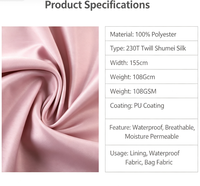 Tissu de doublure brillant en sergé de polyester 230T, enduit PU imperméable, respirant et perméable à l'humidité, magnifique tissu de doublure en soie
