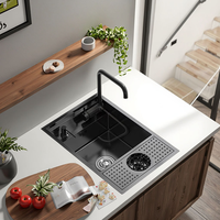 Évier de bar moderne multifonctionnel intelligent en acier inoxydable 304 nano noir à bol unique avec robinet, design dissimulé