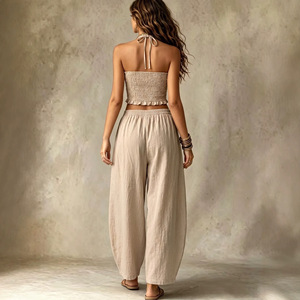 <span class=keywords><strong>Ensemble</strong></span> deux pièces pour femmes, style bohème d'été, débardeur à col halter court, associé à un pantalon en lin ample et évasé - Product Image 5