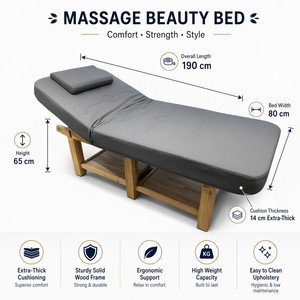 Table de massage esthétique épaisse 190*80*65cm avec cadre en bois massif, étagère de rangement, démontable, 6 pieds, pour salon de beauté, extensions de cils, soins du visage et tatouage - Product Image 2