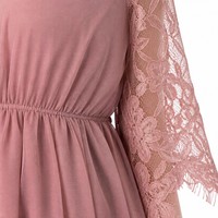 Robe midi grande taille en mousseline 160 GSM, col en V, taille empire, manches en dentelle, coupe trapèze, pour invitée de mariage, personnalisable OEM, tailles 1X-5X