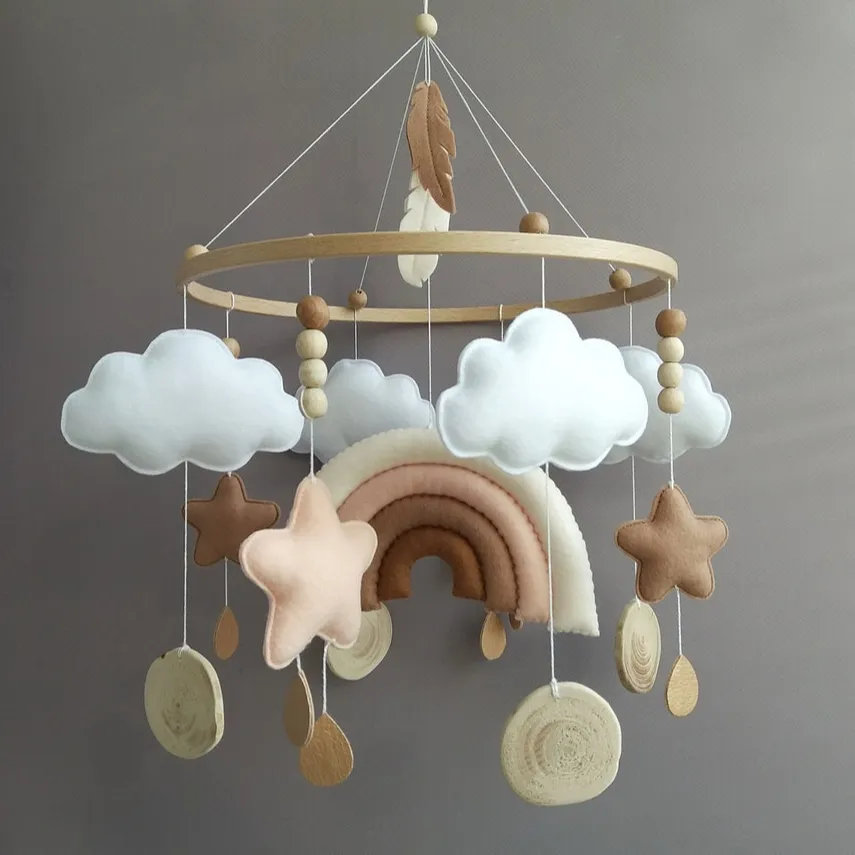 wholesale custom quran handmade crib cot nursery baby mobiles holz with stuffed rainbow cloud felt hanging decor for baby girls