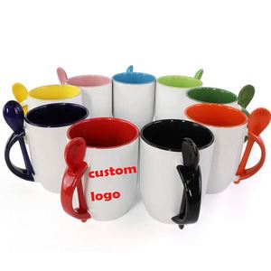 Vente en gros de tasses à café en céramique personnalisées avec logo, 11 oz, sublimation, intérieur coloré, avec cuillère - Product Image 1