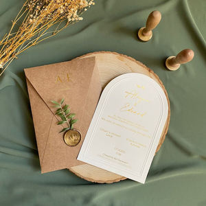 Invitations de mariage personnalisées élégantes avec cadre en relief feuille d'or arc carte Kraft enveloppe cire sceau fleur plantes décoration - Product Image 3