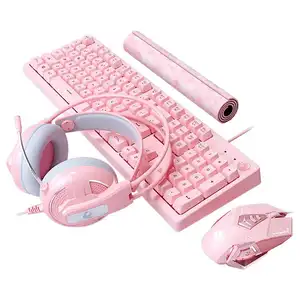 Set Keyboard Mekanis Berkabel USB Komputer 104 Tombol, Set Keyboard Gaming PC Punk, Sarung Keyboard Aluminium Merah Muda