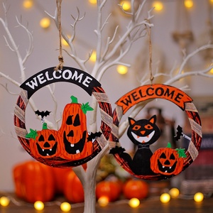 Décorations suspendues pour <span class=keywords><strong>porte</strong></span> d'<span class=keywords><strong>Halloween</strong></span> Pendentif rond en bois imprimé Citrouille Chat noir Panneau de bienvenue Fantôme Festival Party Layout Props - Product Image 3