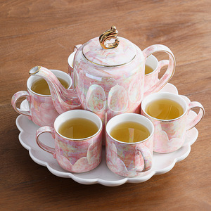 Ceramic cup set, souvenir teapot with <b>tea</b> <b>tray</b>, gold-edge coffee cup, home water cup and pot, new home gift set - Product Image 1