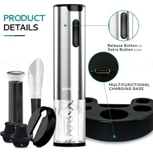 EUHOMY Electric <b>Wine</b> Opener Stainless Steel 4 In 1 Automatic Corkscrew With Aerator Pourer And Foil Cutter - Product Image 2
