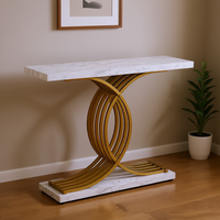 Table console moderne en métal doré, plateau en marbre de 39,4 pouces, design sur piétement, décoration pour salon et entrée