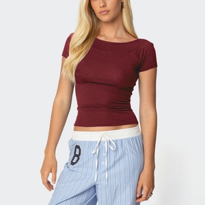 Custom Slim Fit Basic Tee Crew Neck T-shirt Summer Elastic Tight Fit Plain Sexy Cropped <b>Top</b> for Women <b>Plus</b> <b>Size</b> Short Length - Product Image 5