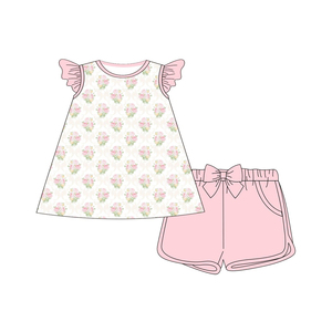 Conjuntos de Ropa de Boutique para Niñas, Camiseta Casual con Estampado de Ramo de Flores de Primavera/Otoño y Pantalones Cortos Deportivos de 2 Piezas, Tela de Lana - Product Image 3