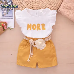 Conyson New Summer Girl's Fly Sleeve Jacquard Short Sleeve Shirts + Shorts 2Pcs Flower Belt Princess Baby Girl Clothes Sets