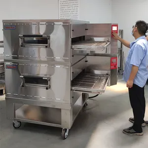 Dijital kontrol hızı ayarlanabilir ticari çift yığılmış tezgah elektrikli konveyör kemer Pizza fırını