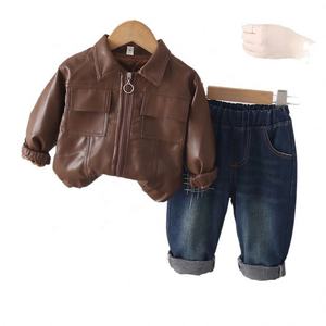 2026 New Boys Spring Autumn Clothing Set Stylish Lapel Faux <strong>Leather</strong> <strong>Jacket</strong> With Square Pocket Two Piece Outfits for Baby Kids - Product Image 5