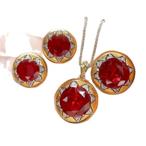 Parure de bijoux de mariage et de fête en cuivre écologique, plaqué or, avec zircon rouge rond 16-12mm, ensemble assorti pour mariée, pour femme Tu - Product Image 2