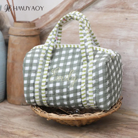Sac à cosmétiques personnalisé avec broderie monogramme, patchwork, matelassé, en coton, avec fermeture éclair, pliable, portable, avec poignée souple, motif floral vintage, gingham