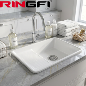 Lavabo Rettangolare in Ceramica Bianca da Incasso, Lavandino Profondo per Bagno, Lavabo Integrato per Balcone - Product Image 2