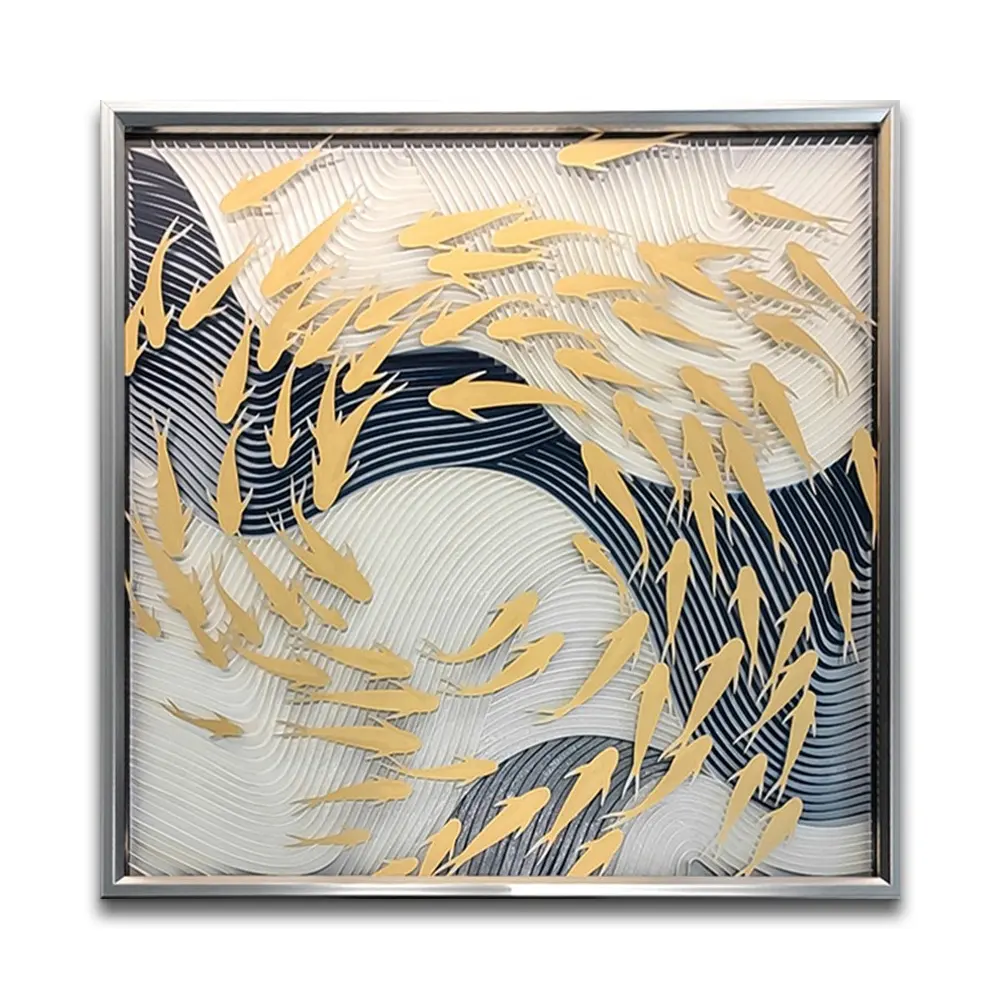 Luxury 3D Gold Fish Design Metal Framed Wall Art Papercraft 3D Wall Decor for Hotel Room