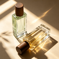 Flacon de parfum rectangulaire en verre transparent de luxe 30ml 50ml 100ml, flacon de parfum vide avec bouchon en bois naturel, logo personnalisé