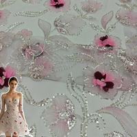 Tissu en maille polyester robuste, tricoté à la main, avec broderie florale perlée et passepoil, orné de dentelle et de paillettes, pour robes de soirée