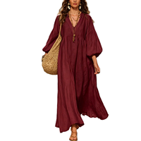 Robe longue de vacances Lazy Trend Siemia pour femme en coton et lin, col en V profond, manches à volants, coupe ample et ourlet large