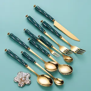 Stainless Steel Metal Silverware Flatware Set Threaded Porcelain Cutlery for Party Wedding