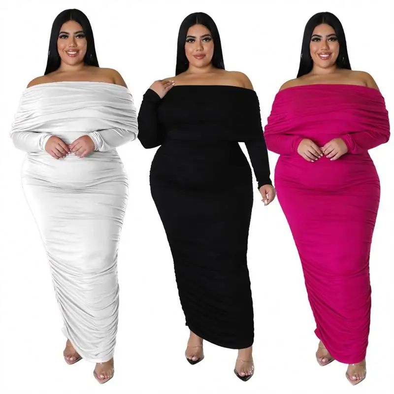 2024 femmes dame élégante vêtements pour femmes grande taille meilleure vente hors épaule moulante plissée à manches longues maxi dames robes