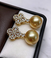 Boucles d'oreilles en argent 925 avec zircon, trèfle à quatre feuilles et perle dorée d'eau de mer