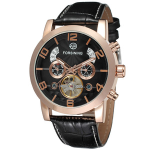 Montres-bracelets automatiques de luxe pour hommes de la <span class=keywords><strong>marque</strong></span> Forsining, affichage de l'année et du mois, <span class=keywords><strong>montre</strong></span> mécanique pour hommes avec bracelet en cuir - Product Image 1